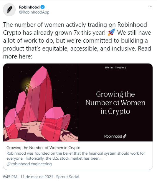 Aplicativo Robinhood comenta dados sobre negociações realizadas por mulheres. Fonte: Robinhood/Twitter Aplicativo Robinhood comenta dados sobre negociações realizadas por mulheres. Fonte: Robinhood/Twitter