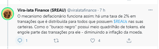 Meme de criptomoeda explica seu mecanismo deflacionário. Fonte: Vira-lata Finance / Twitter Meme de criptomoeda explica seu mecanismo deflacionário. Fonte: Vira-lata Finance / Twitter