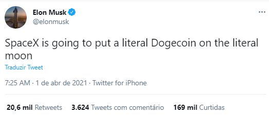 Elon Musk publica no Dia da Mentira que SpaceX levará a Dogecoin à lua. Fonte: Elon Musk/Twitter Elon Musk publica no Dia da Mentira que SpaceX levará a Dogecoin à lua. Fonte: Elon Musk/Twitter