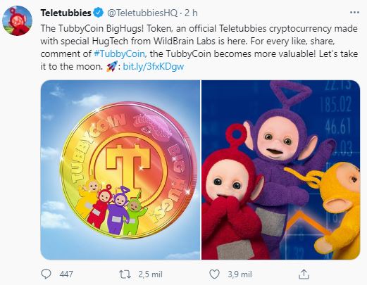 Teletubbies "cria" criptomoeda no Dia da Mentira. Fonte: Teletubbies/Twitter Teletubbies "cria" criptomoeda no Dia da Mentira. Fonte: Teletubbies/Twitter